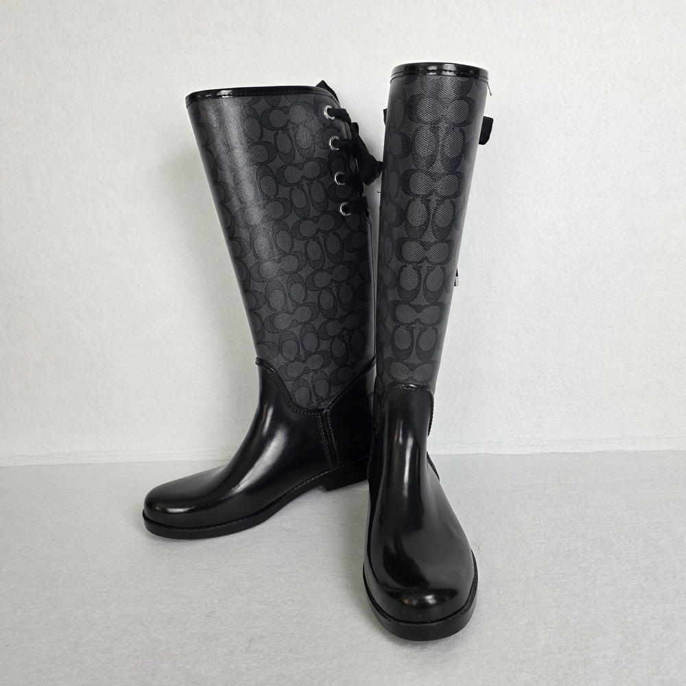Coach Tristee Black Signature C Monogram Lace Up Ribbon Rain Boots Womens 8